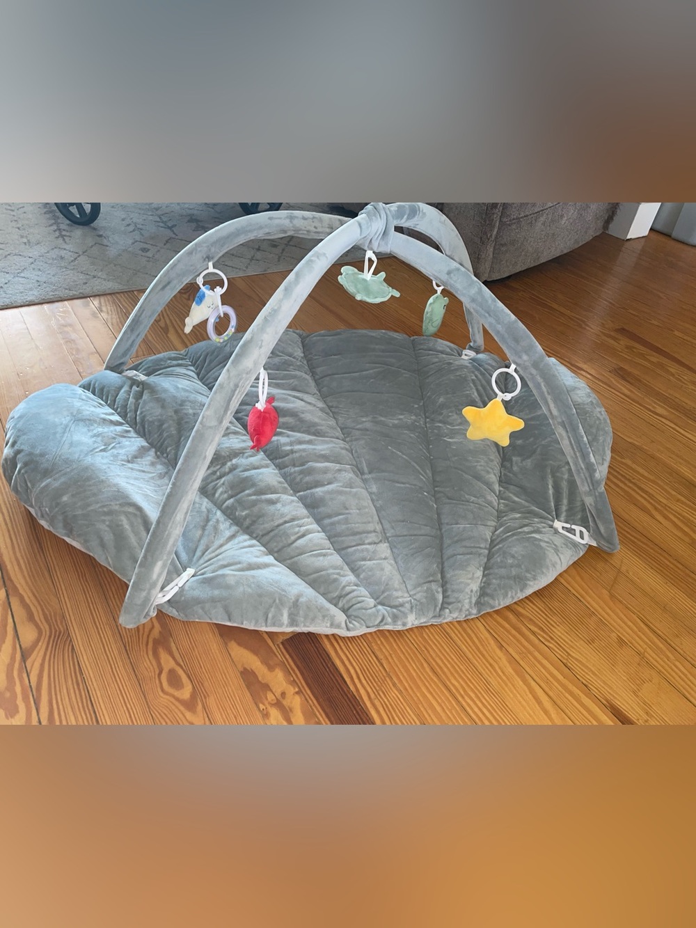 Plush Gray Baby Play Mat with Hanging Toys